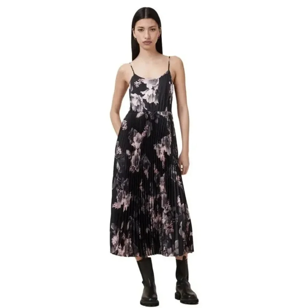 AllSaints Leowa Gia Black Pink Floral Pleated Midi Romantic Moody Slip Dress M - Picture 2 of 12